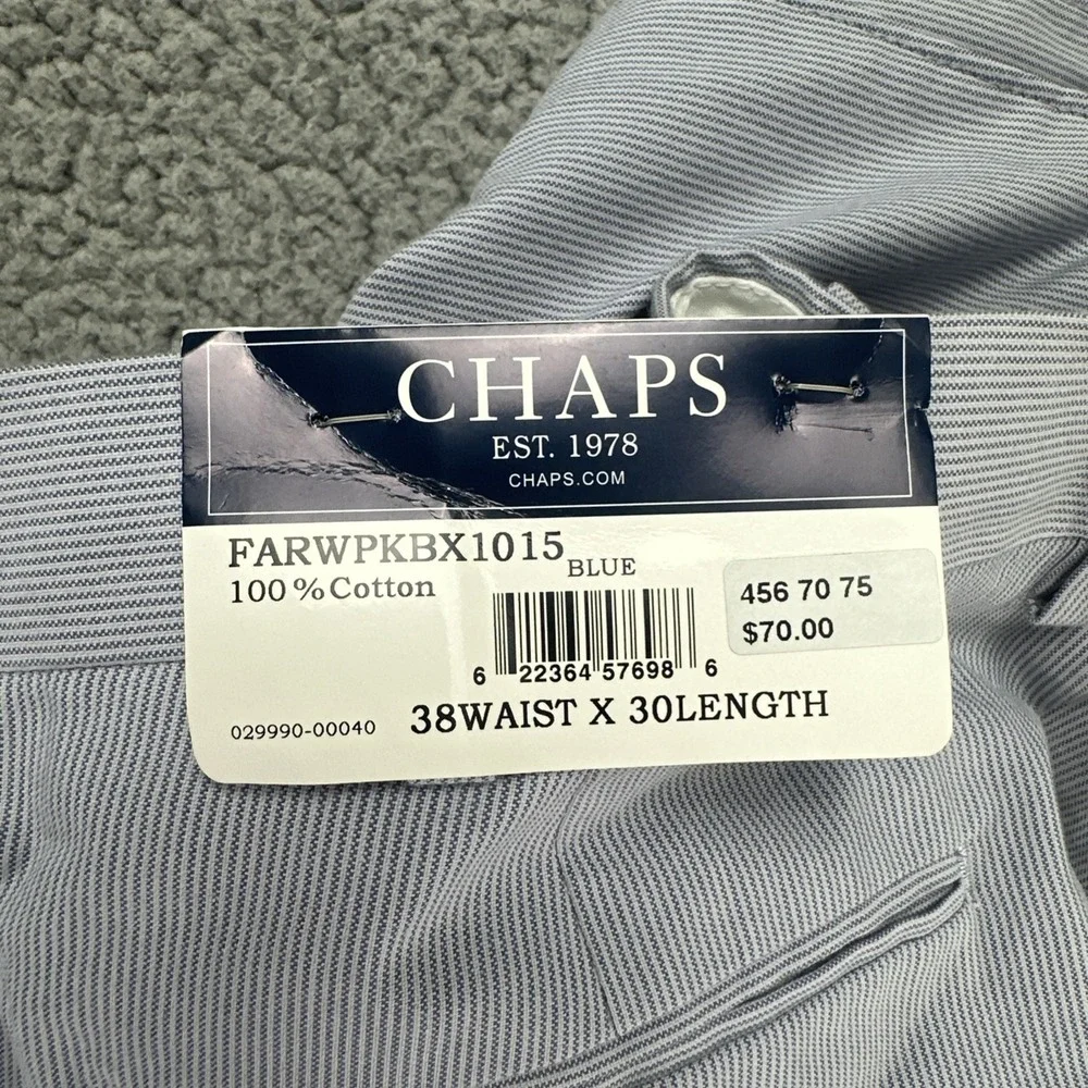 NWT Chaps Dress‎ Pants Men 38x30 Blue White 100% Cotton Pinstripe Double Pleated